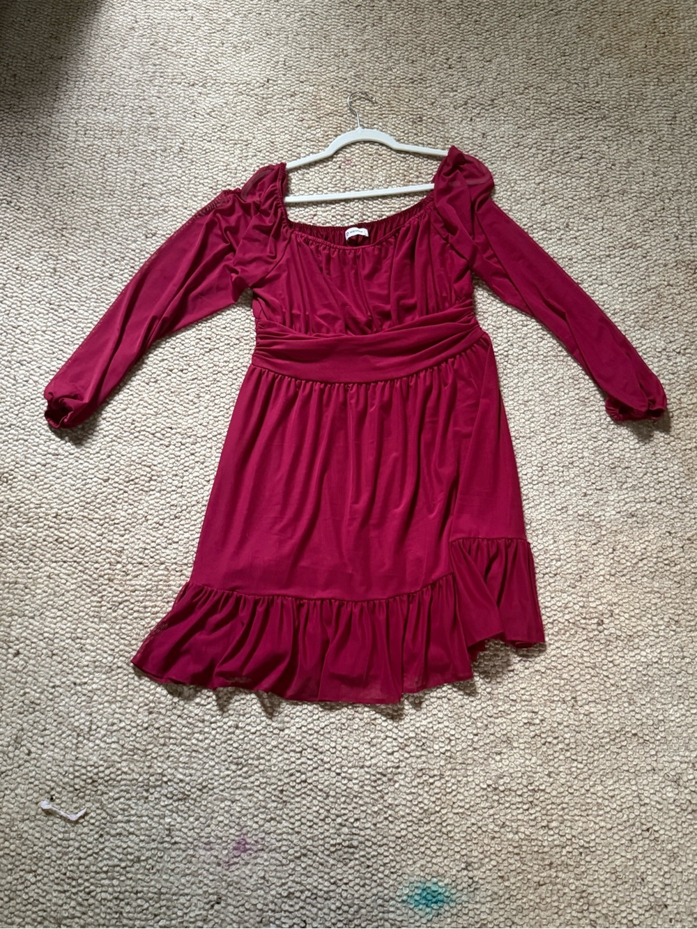 Women's Burgundy Long-Sleeve Ruffle Waist Dress